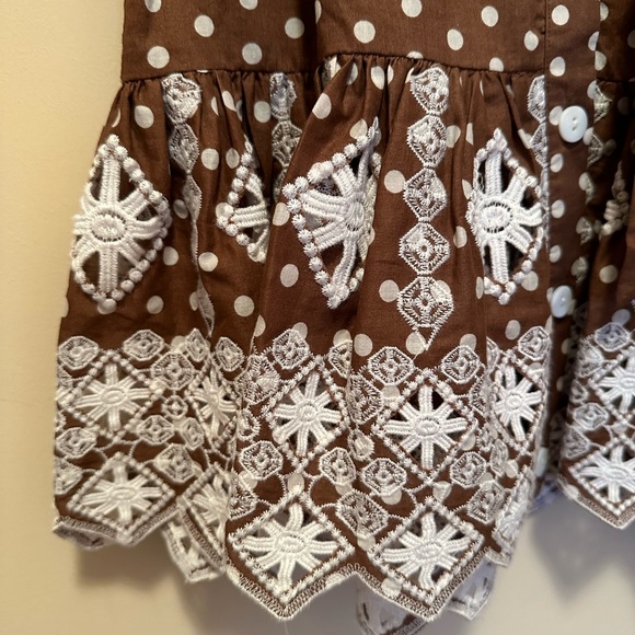 MIGUELINA Brown Polka Dot Print Mini Skirt NEW  w/embroidery lace accents sz s - Picture 5 of 7